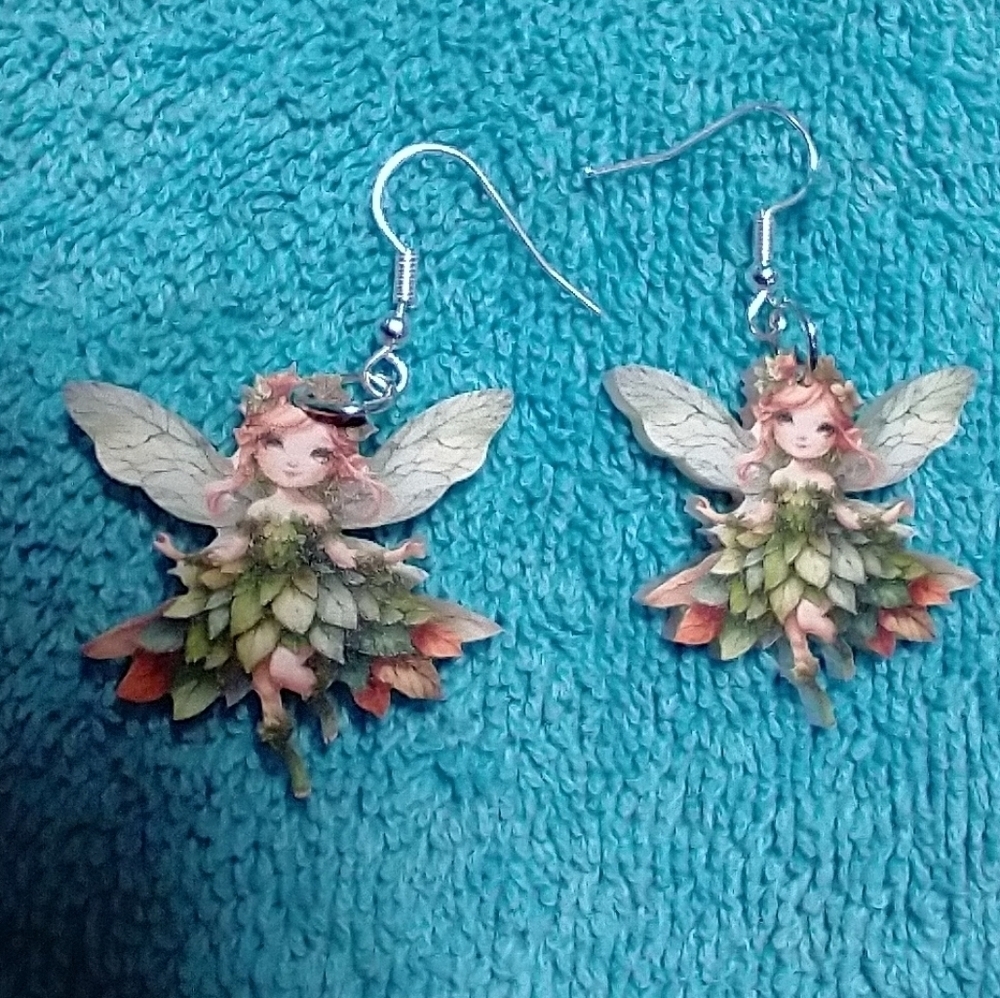 Fairy fae green orange white wings wire earrings - Picture 3 of 3